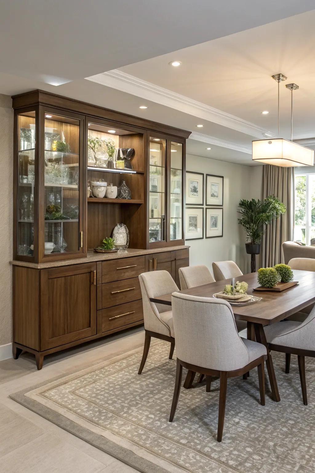 An integrated credenza enhances flow between the kitchen and dining area.