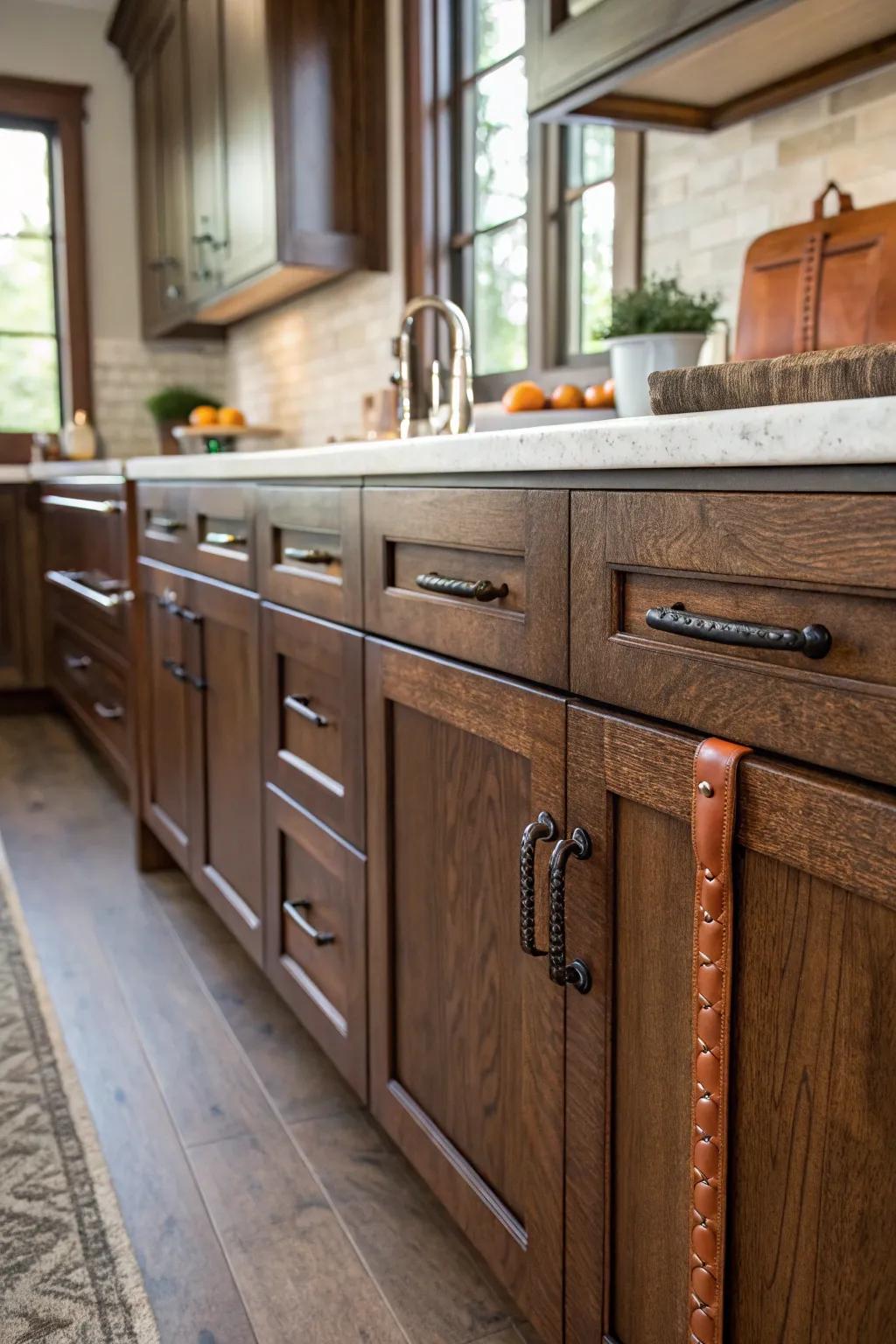 Elegant hide-covered handles that contribute a tactile element.