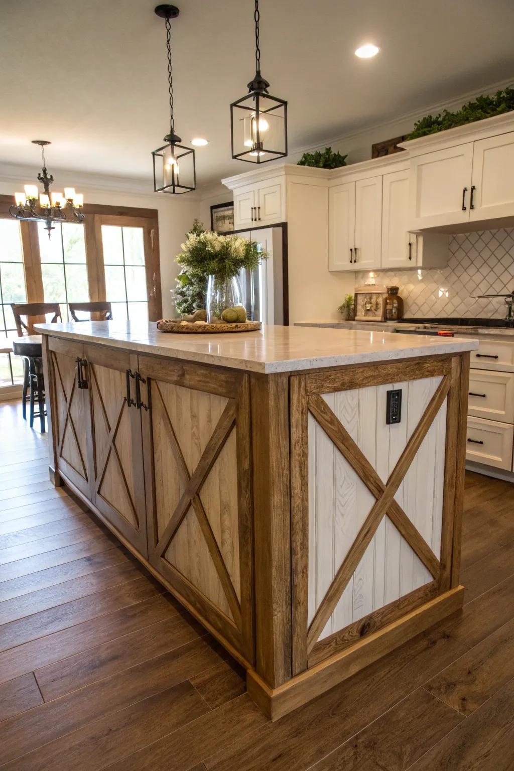 Lively cross pattern trim adds a hint of farmhouse charm to the island.