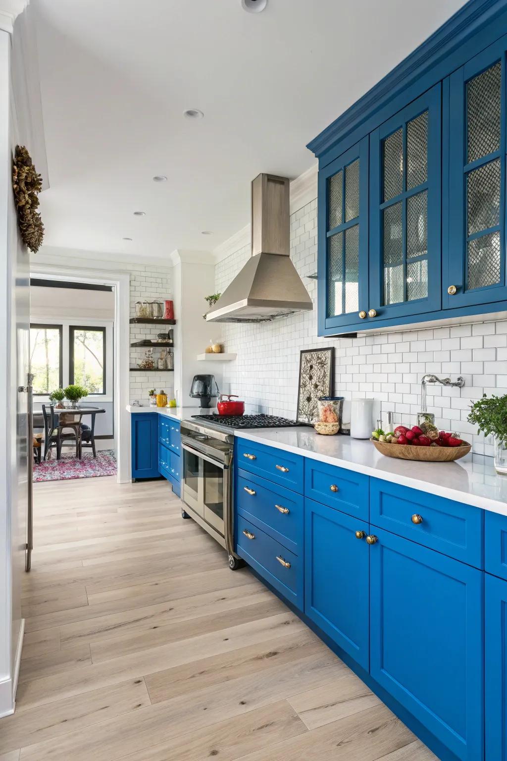 A cooking area that creates a statement by using vibrant colours.