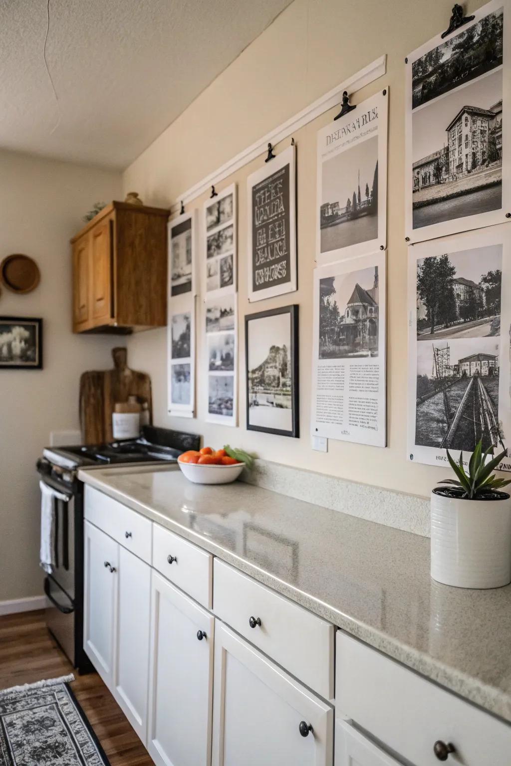 Monochrome prints for a modern and elegant kitchen atmosphere.