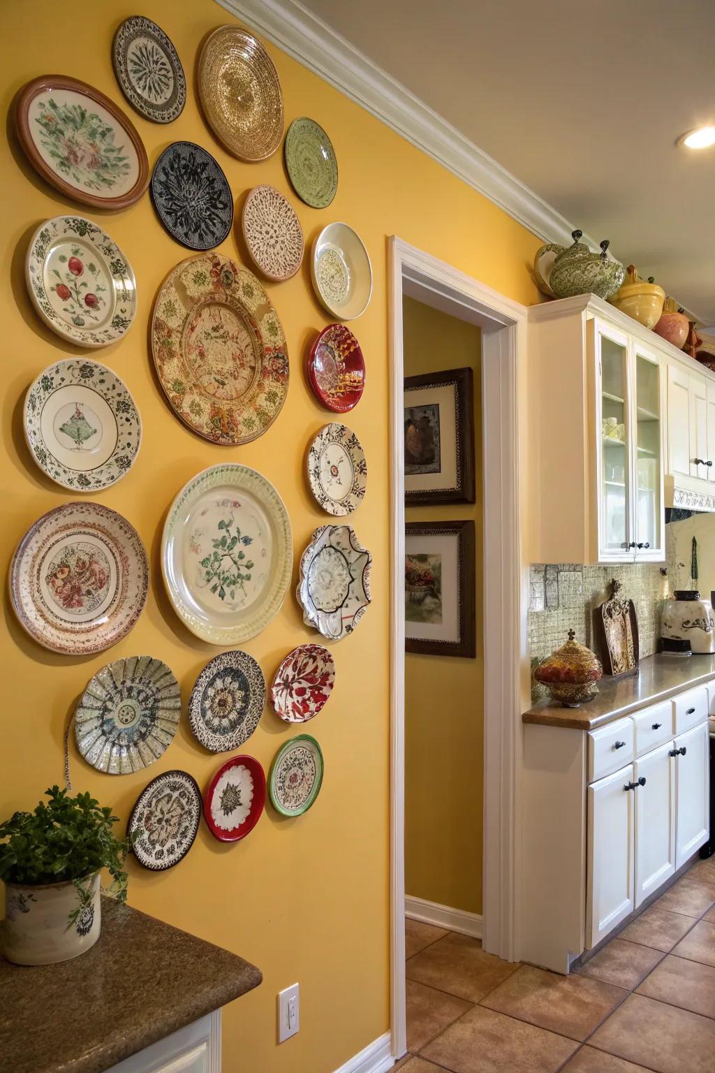 A kitchen wall is decorated with a creative display of vibrant plates.