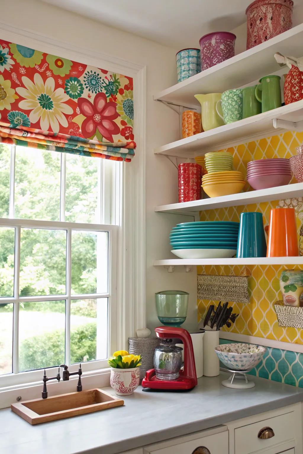 A bold backdrop color adding vibrancy and personality to the kitchen shelves.