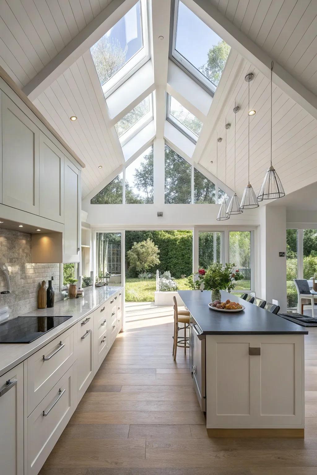 High-level windows brighten this modern kitchen, enhanced by a vaulted ceiling.