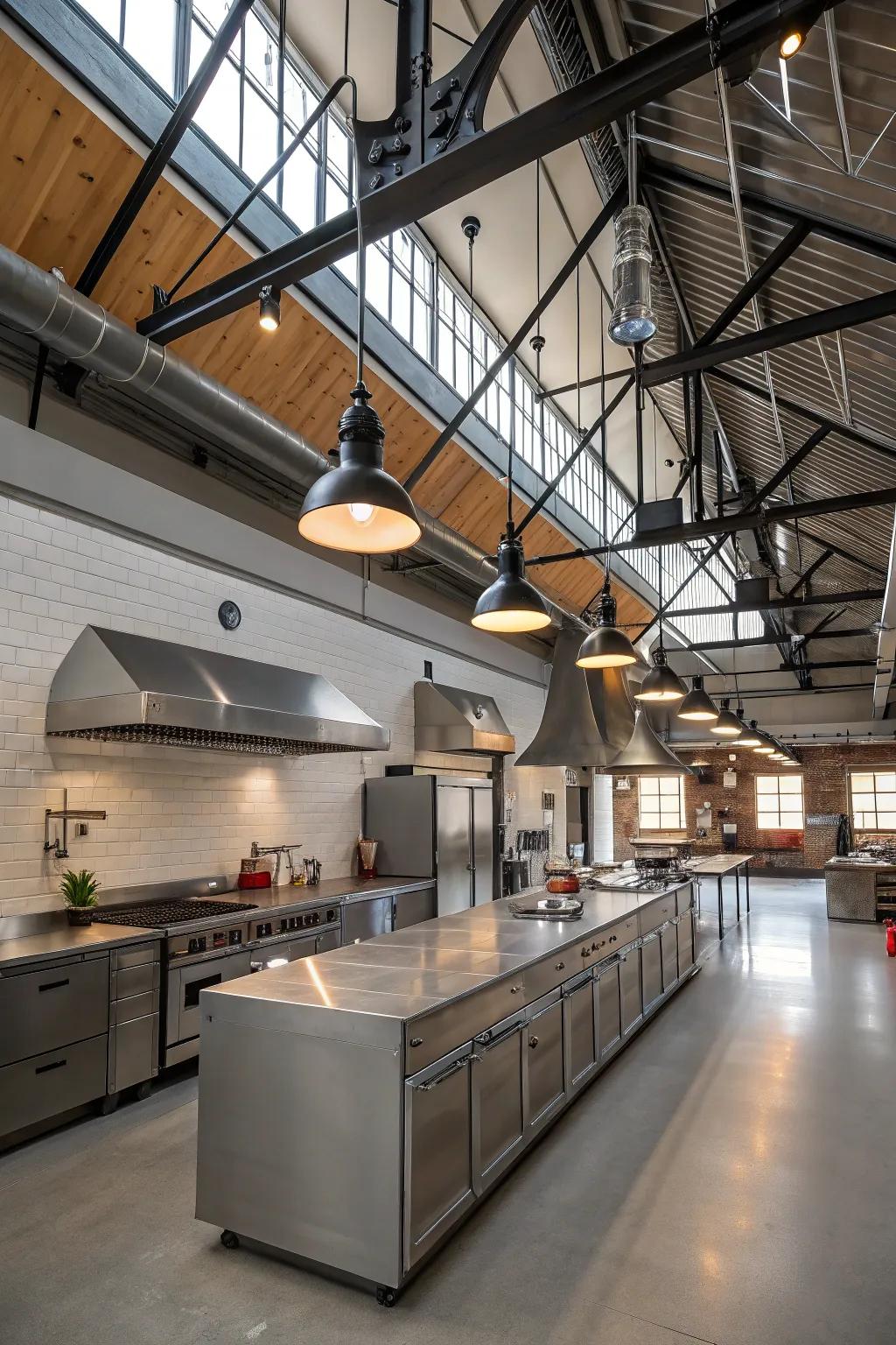 Factory-inspired details add a modern flair to this kitchen with a high ceiling.