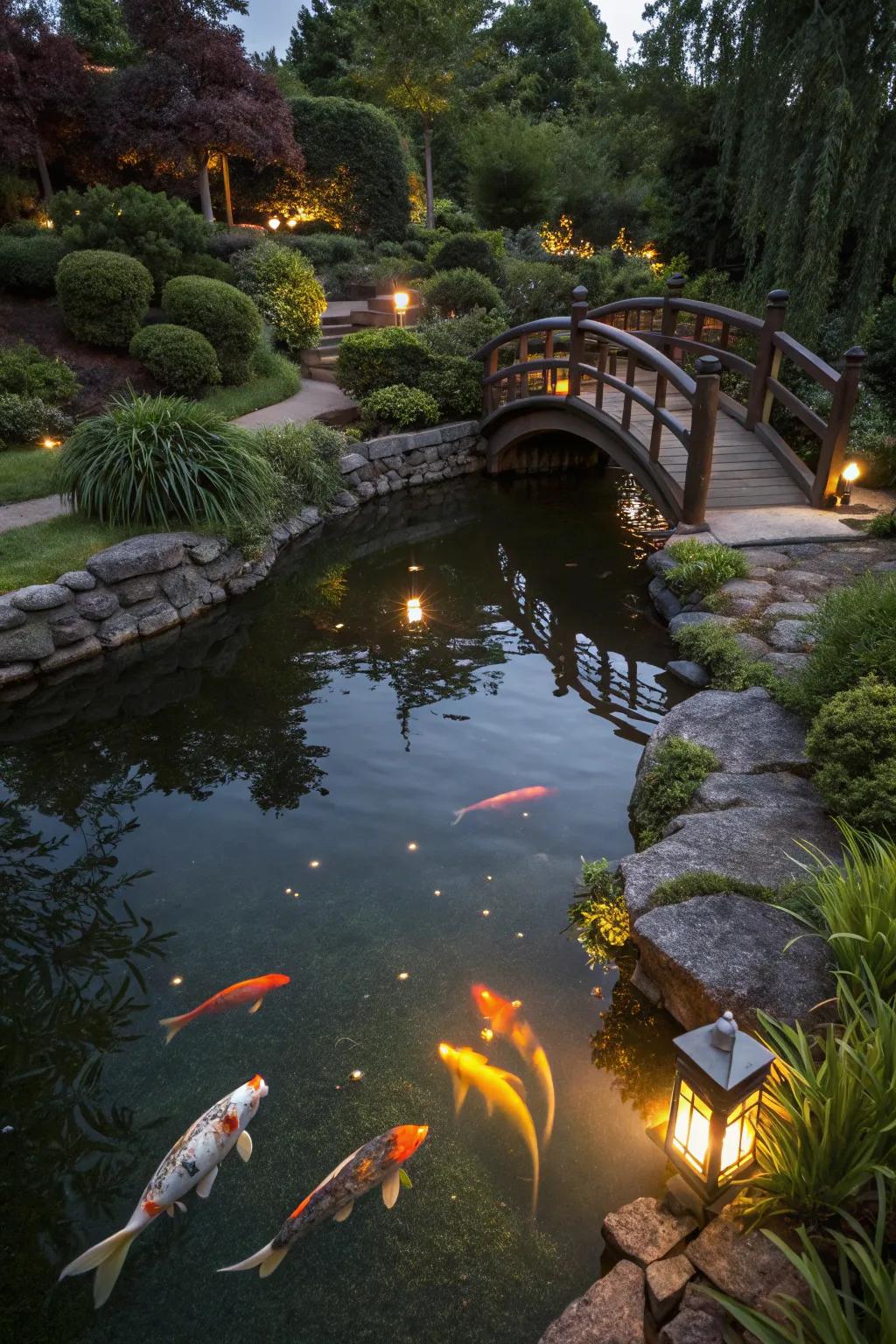 Evening lighting transforms the pond into a nighttime wonder.