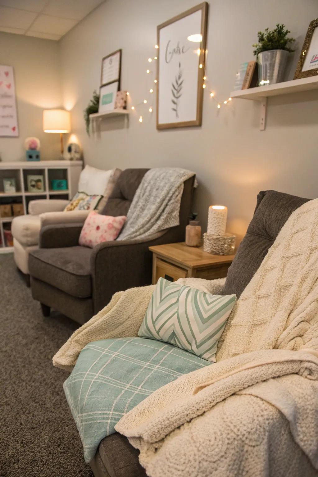 Comfortable pillows and throws add unique touches and comfort.