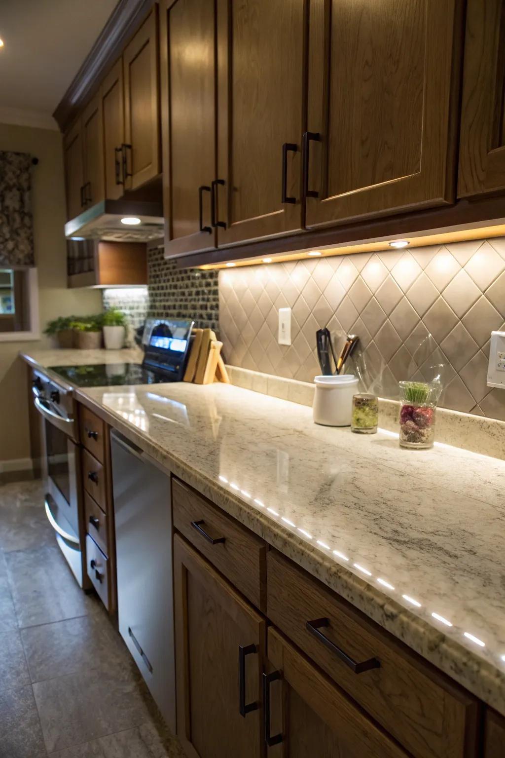 Strategic lighting enhances the beauty of synthetic stone countertops.