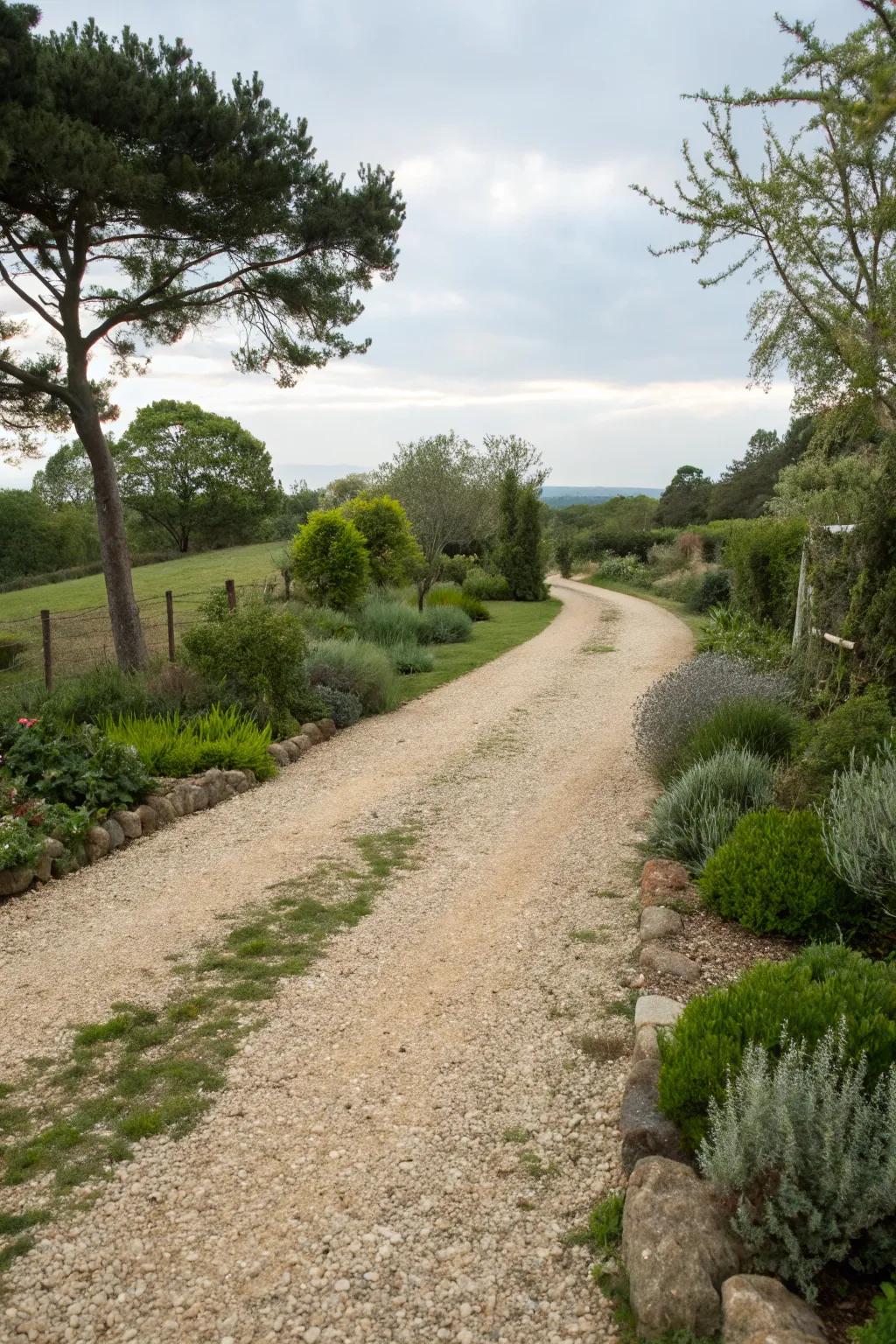 Gravel paths add rustic charm with minimal upkeep.