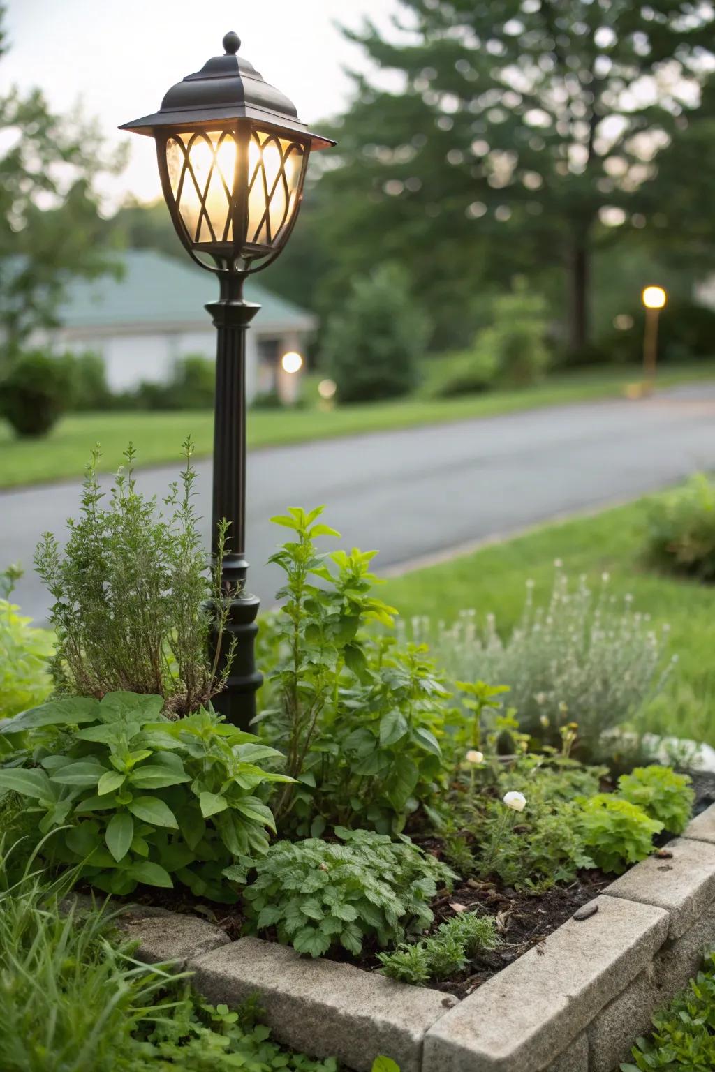 A functional spice garden encompassing a standing light.