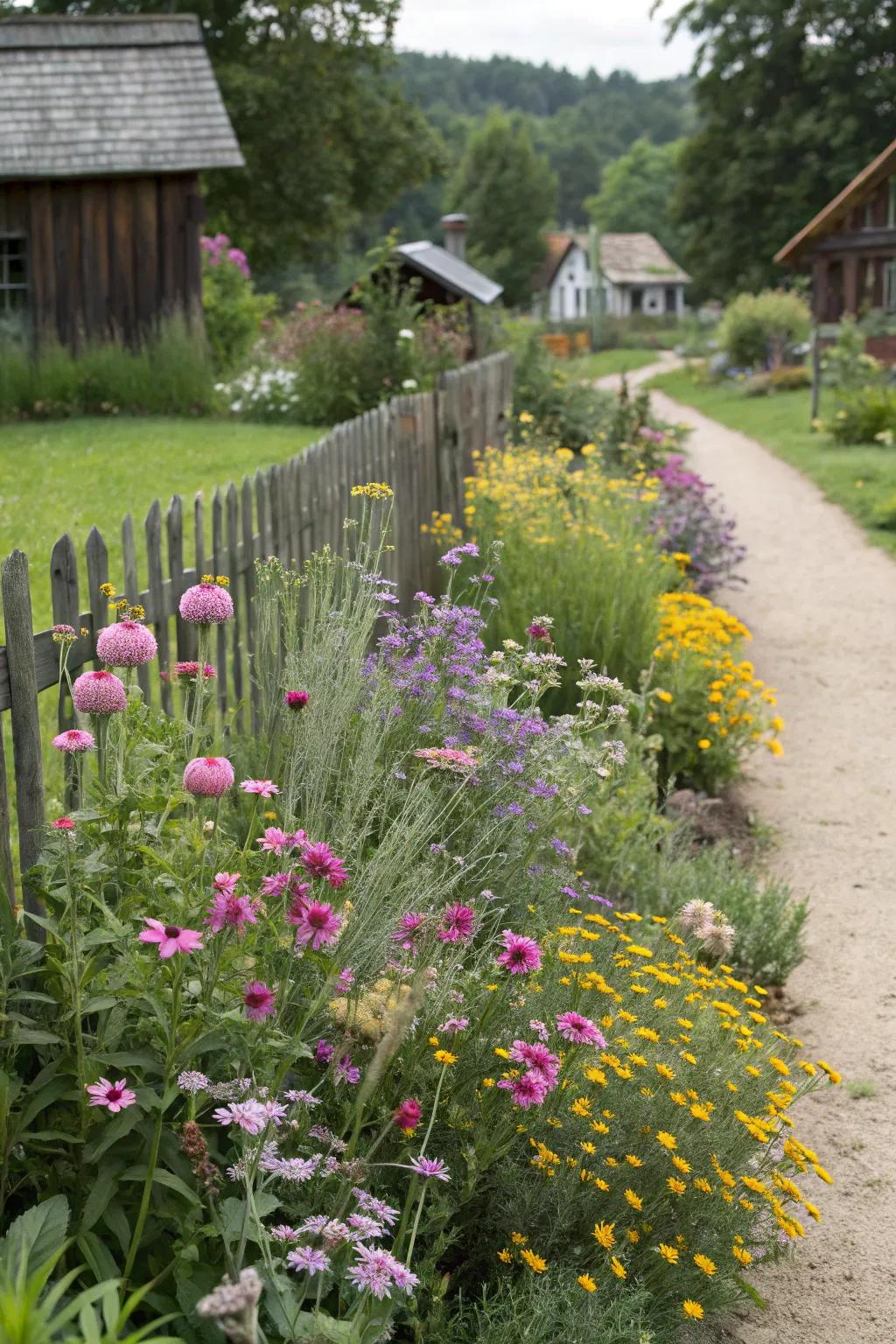 A charming cottage-style garden bed blending wildflowers and structured plants.