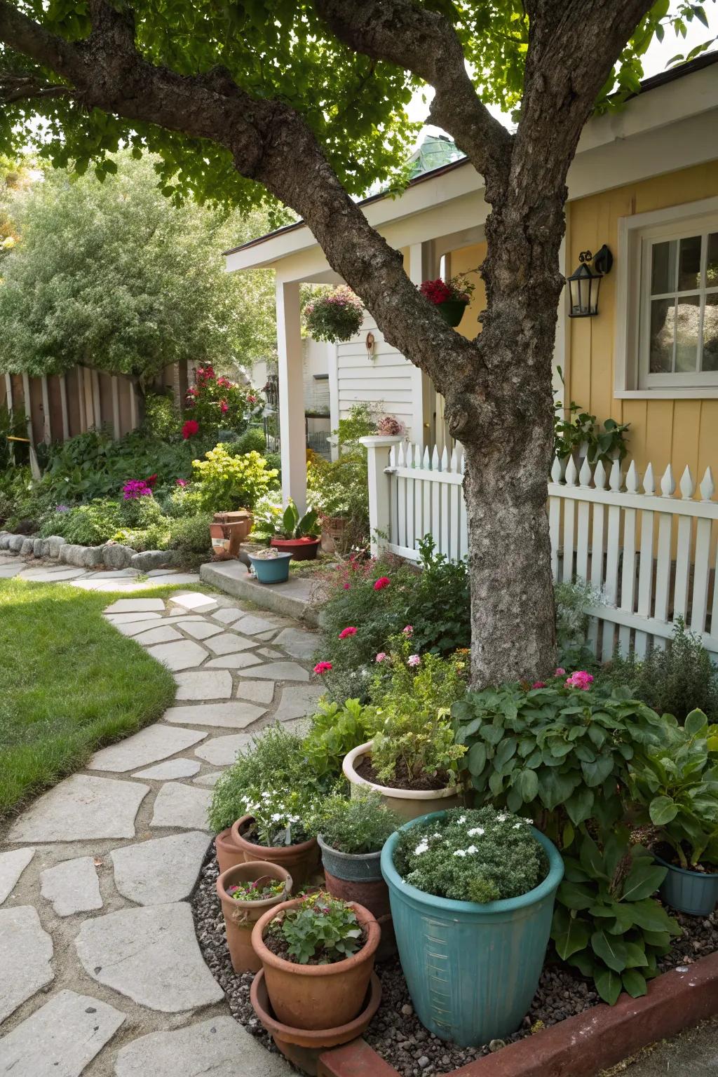 A tree accented by colorful container gardens, offering seasonal adaptability.