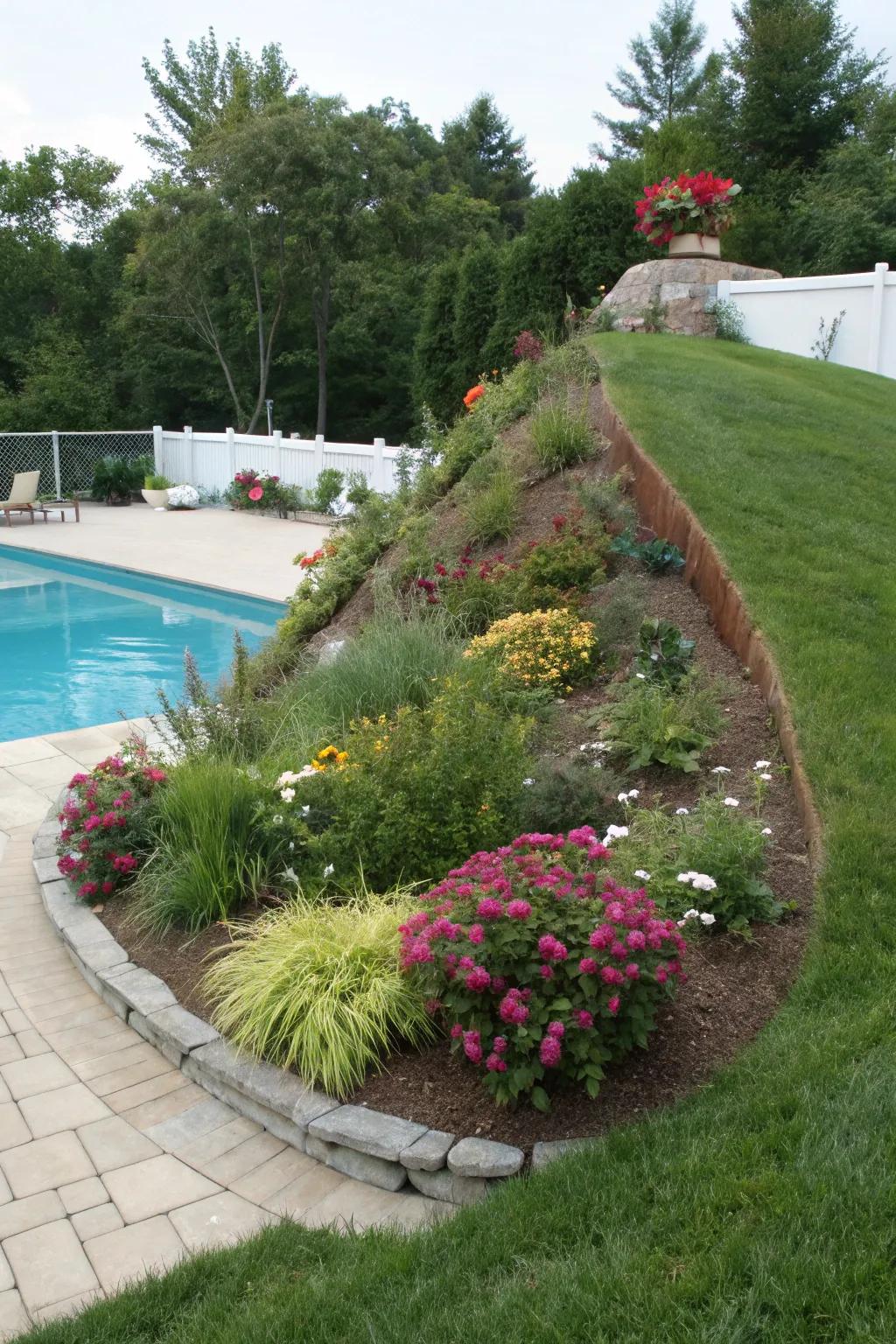 Elevated areas offer a subtle and natural means to cover pool equipment.