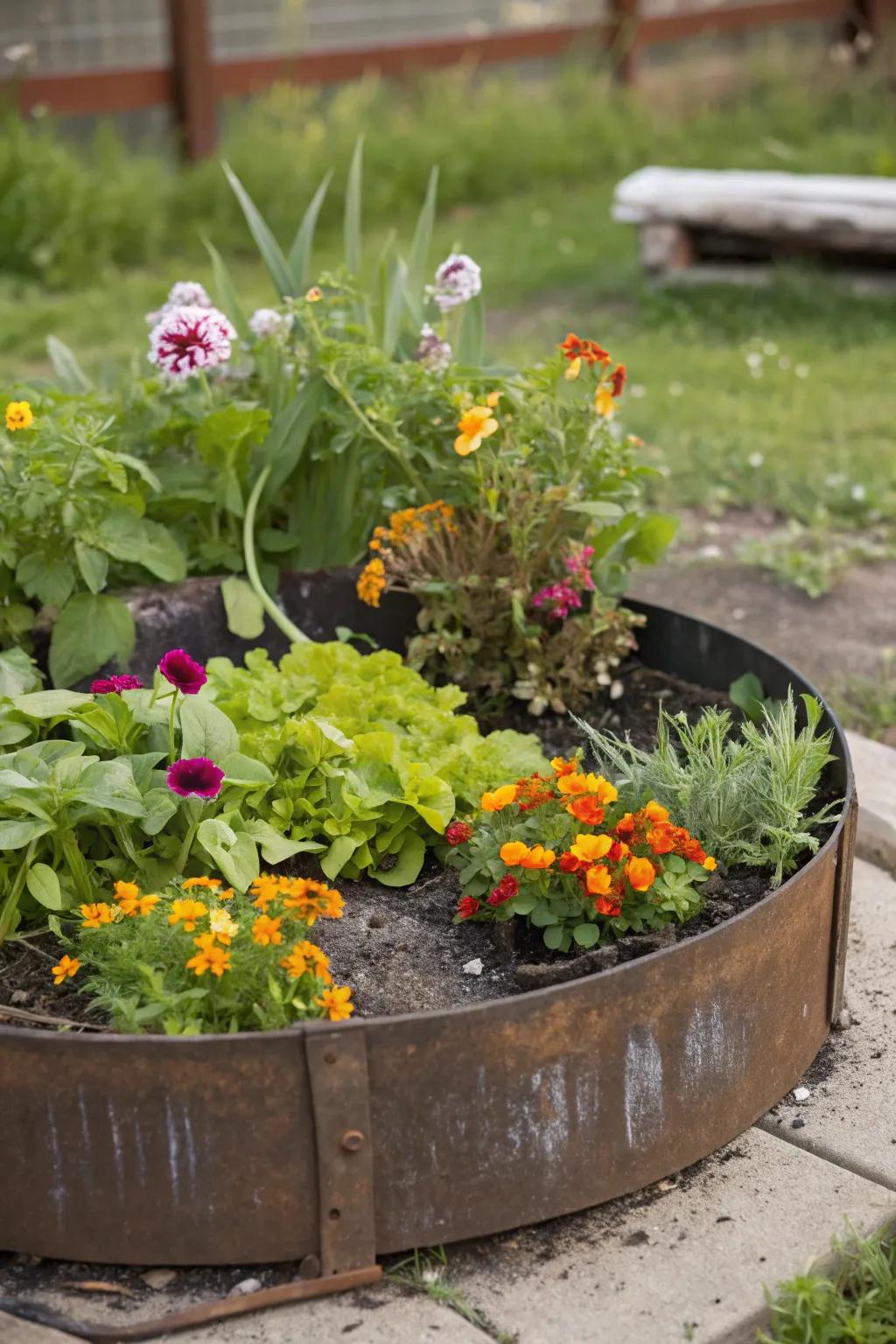 Metal fire rings make special and stylish round raised beds.