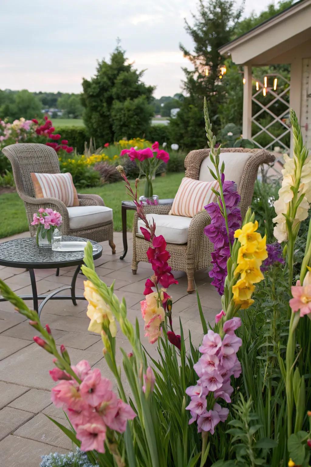Sword lily blossoms craft a cozy and inviting seating space.