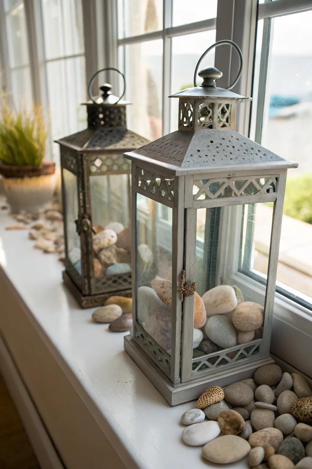 Luminaries filled with natural elements bring the outdoors in.