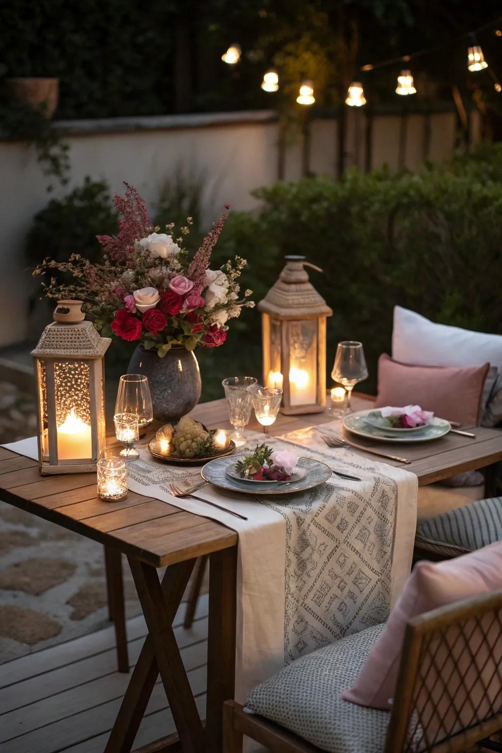 Establish a romantic ambiance via gently lit lanterns.