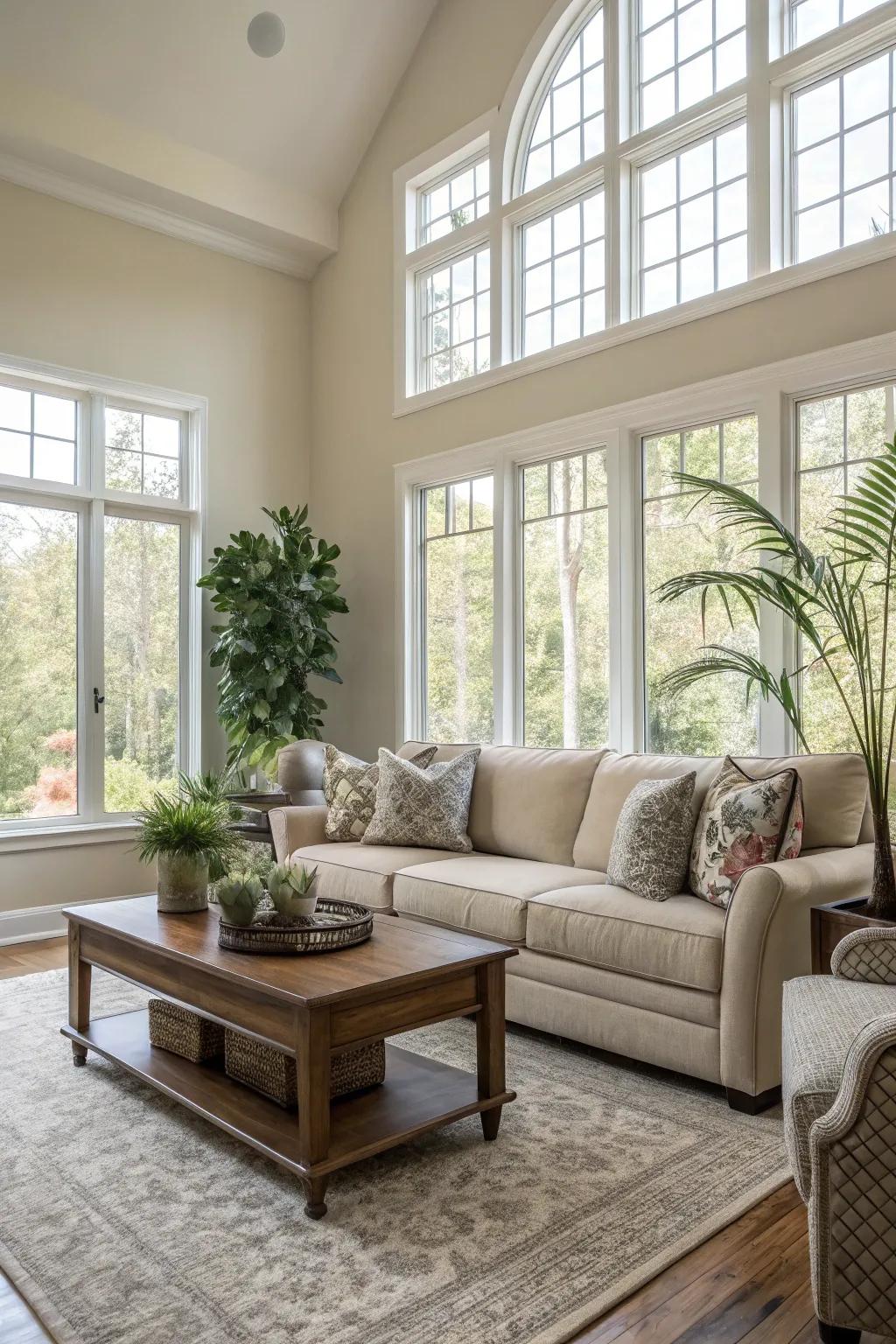 A harmonious neutral chromatic scale that accentuates the landscapes witnessed through substantial windows.