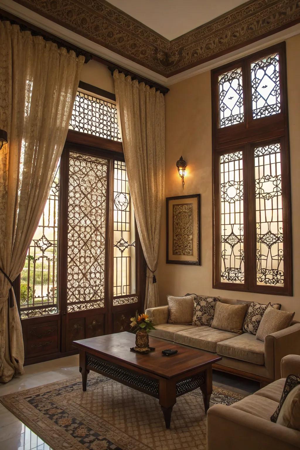 Ornamental fretwork projecting exquisite motifs of radiance and obscurity in the dwelling area.