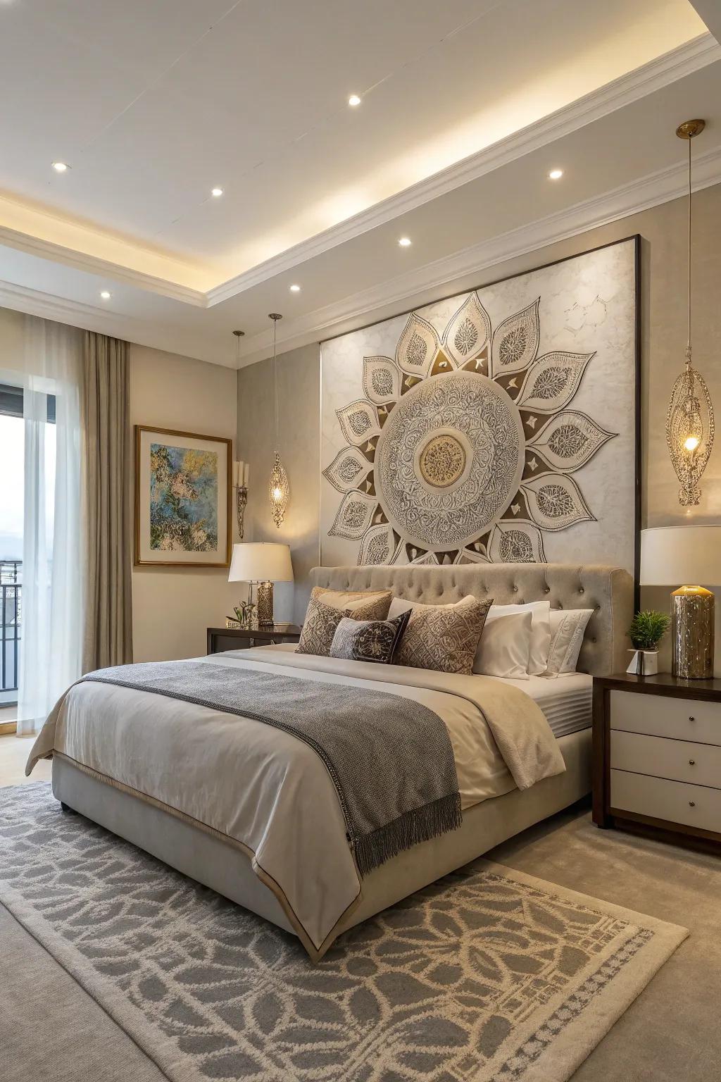 Decorative paintings act as a focal point in the room.