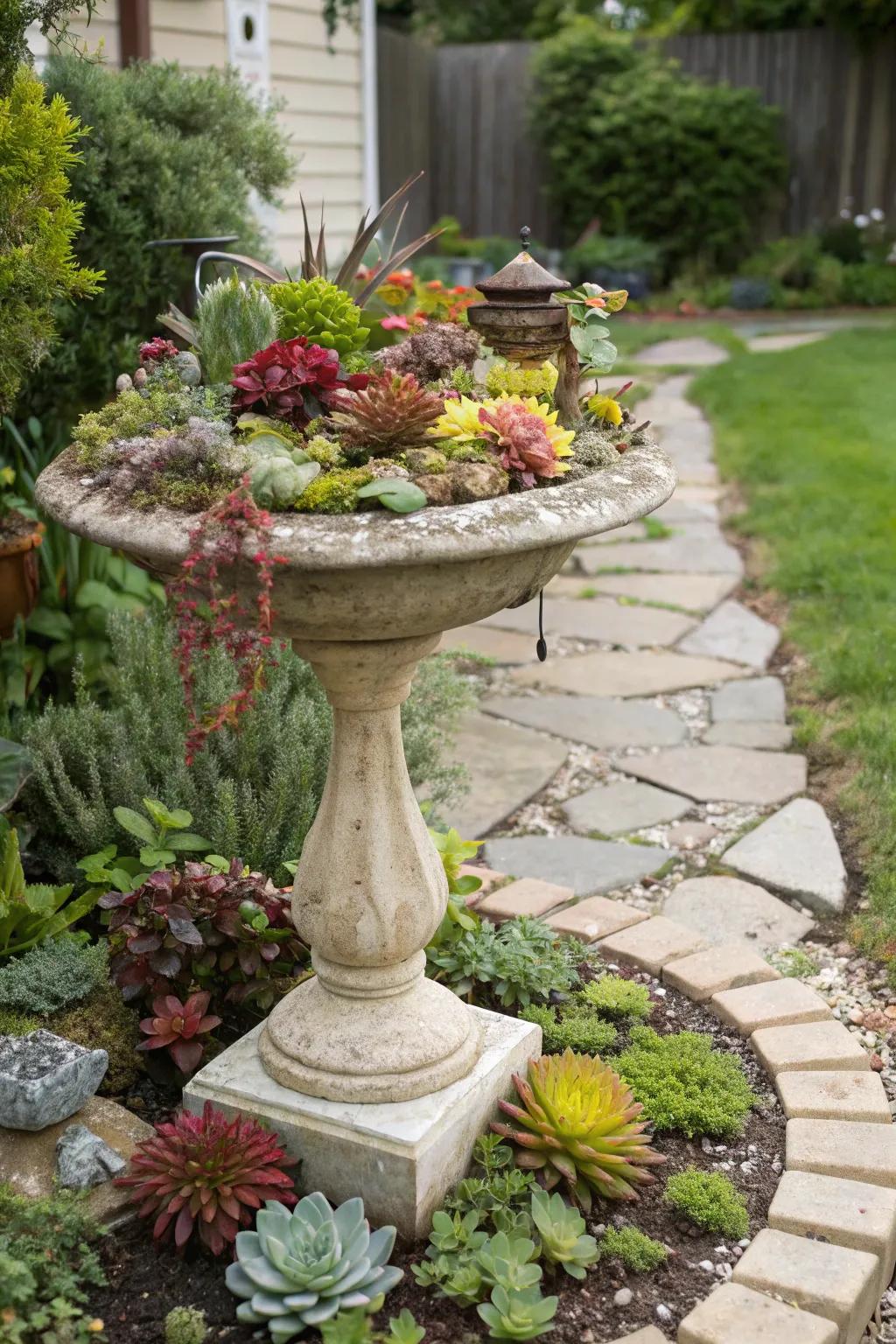 A delightful birdbath repurposed into a succulent garden.
