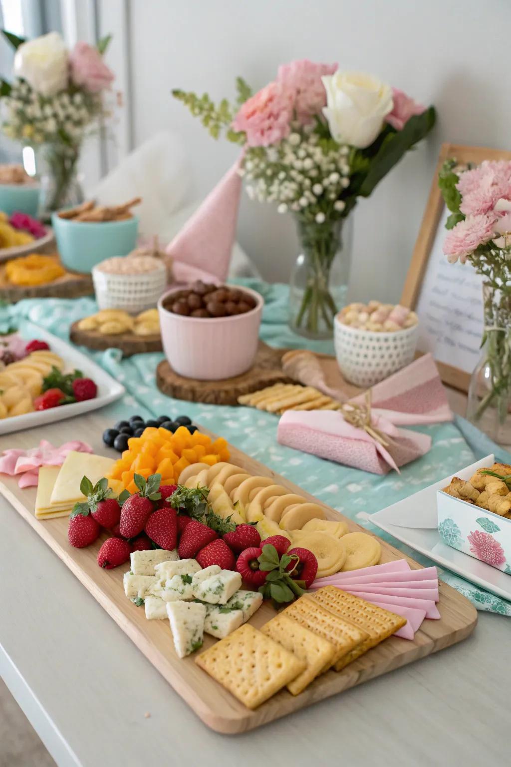 A large charcuterie table offers an impressive snack selection.
