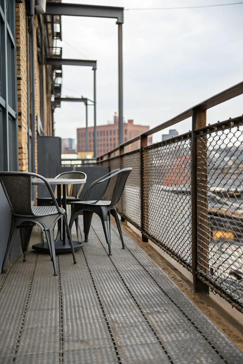 Metallic netting skirting provides an industrial border to this modern deck.