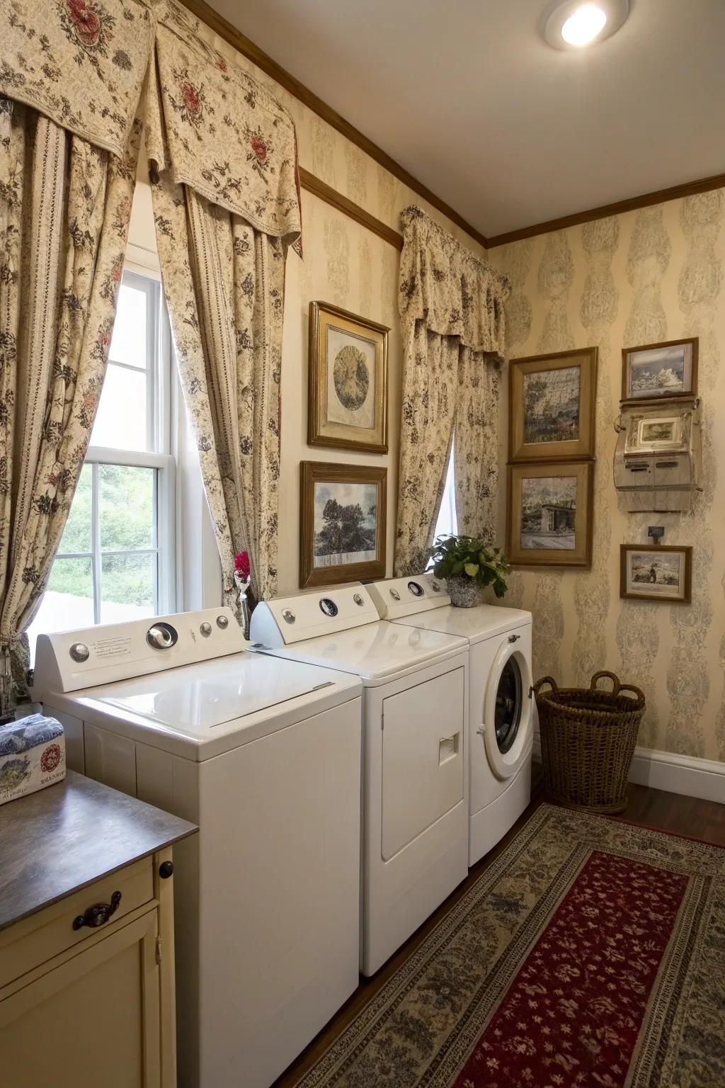 Vintage-style drapes can add a hint of ageless charm to your laundry space.
