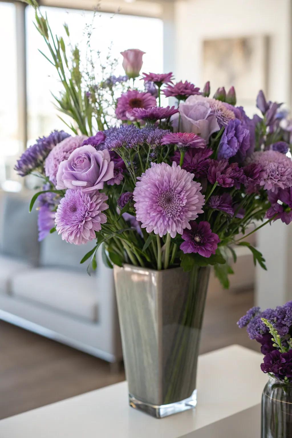 A stunning floral arrangement with purple flowers adding elegance to the room.