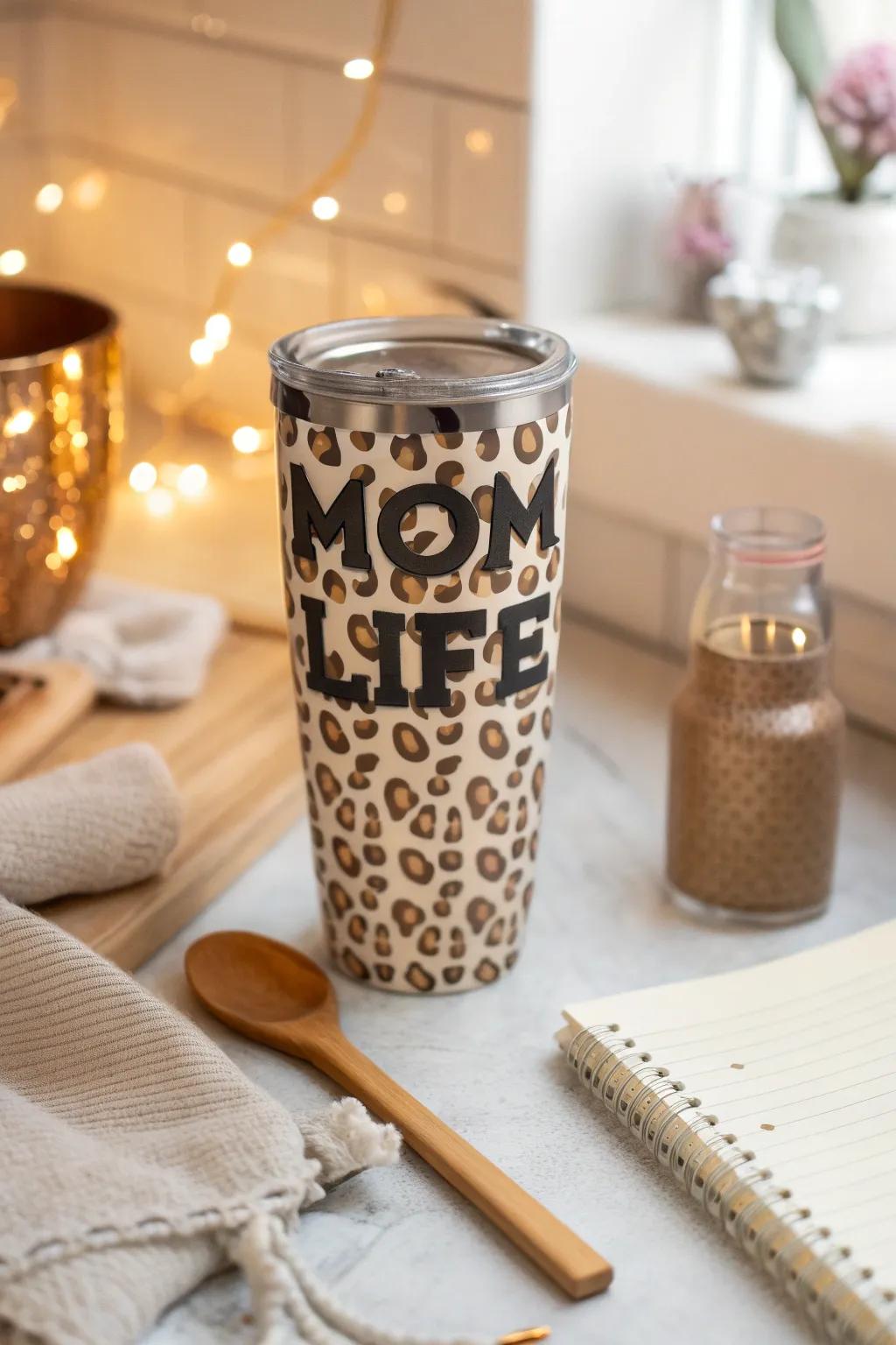 A 'Motherhood Moments' themed leopard print 'Hydrate in Style', ideal for active mothers.