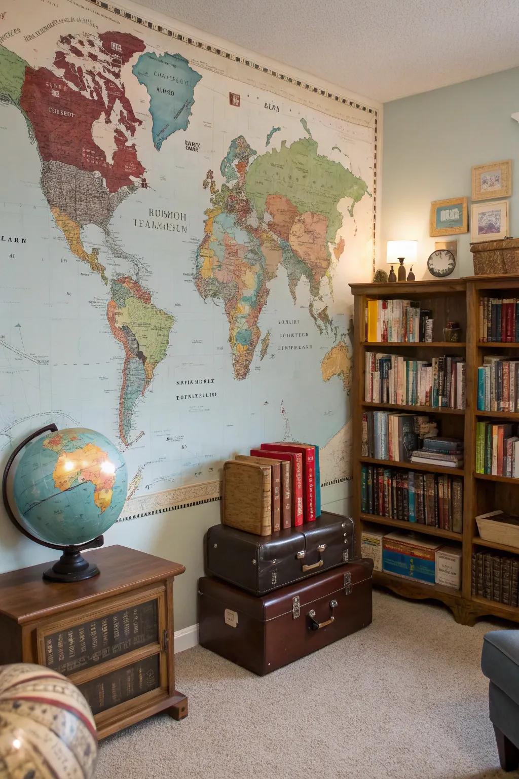 A global map mural can fuel your wanderlust while you read.