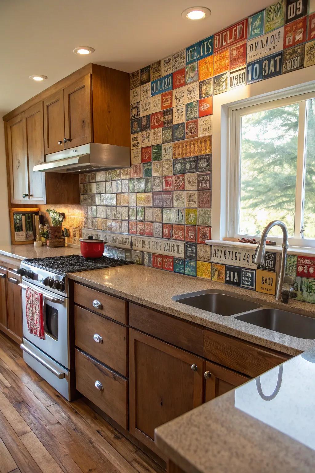 An auto tag backsplash adds a playful touch to the kitchen.