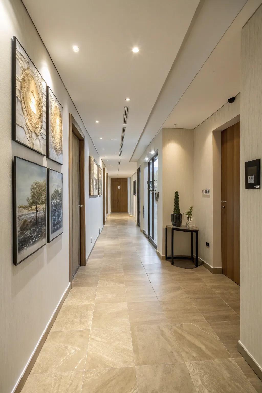 Neutral vinyl flooring adds understated luxury to this contemporary hallway.