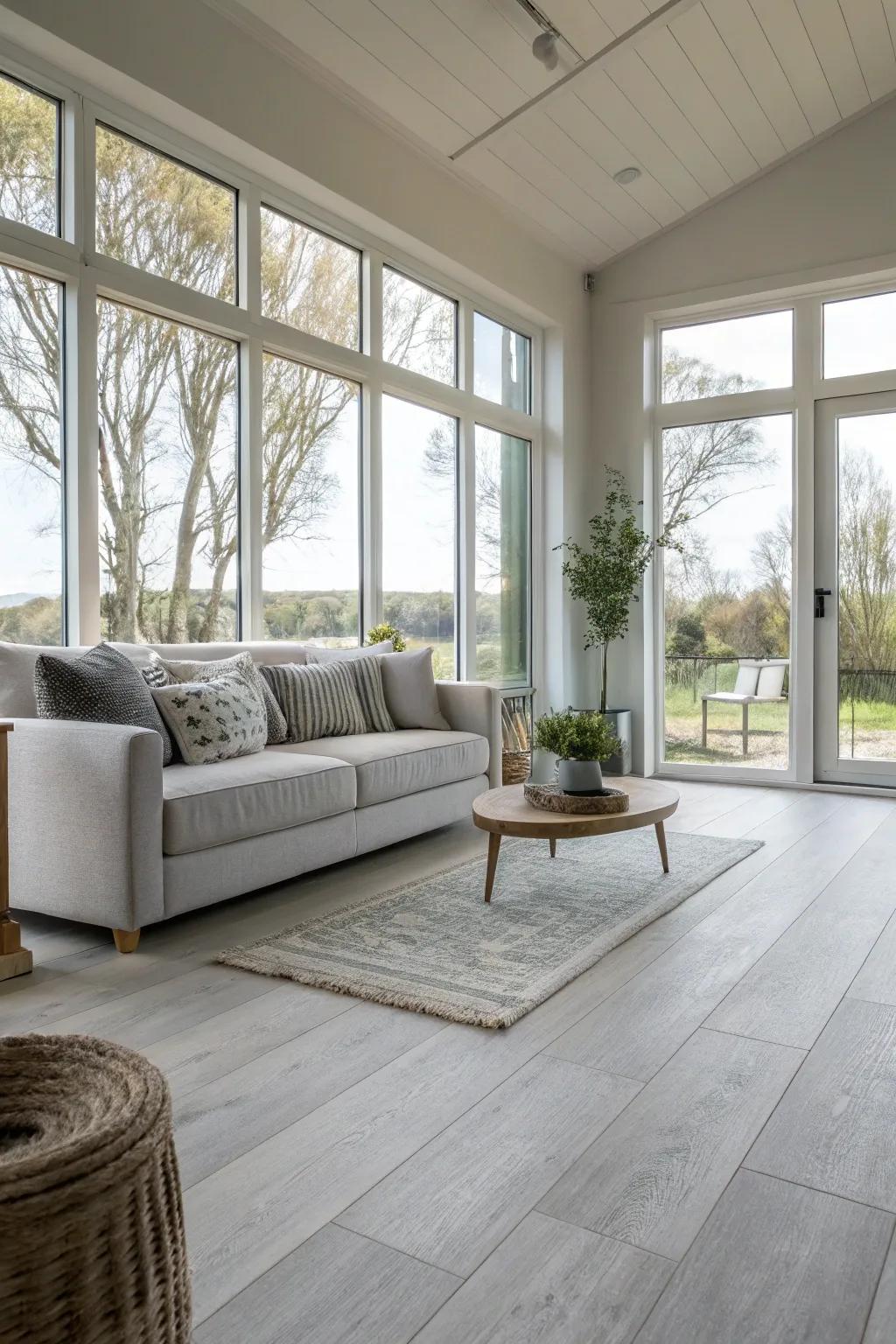 A bright living room with light grey flooring and plenty of natural light.