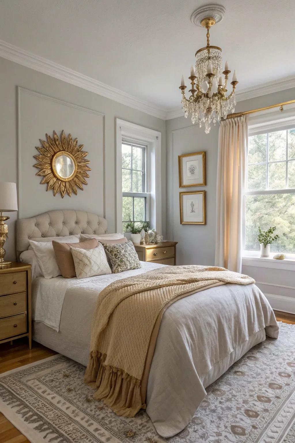 Gold accents bring warmth to a light grey bedroom.