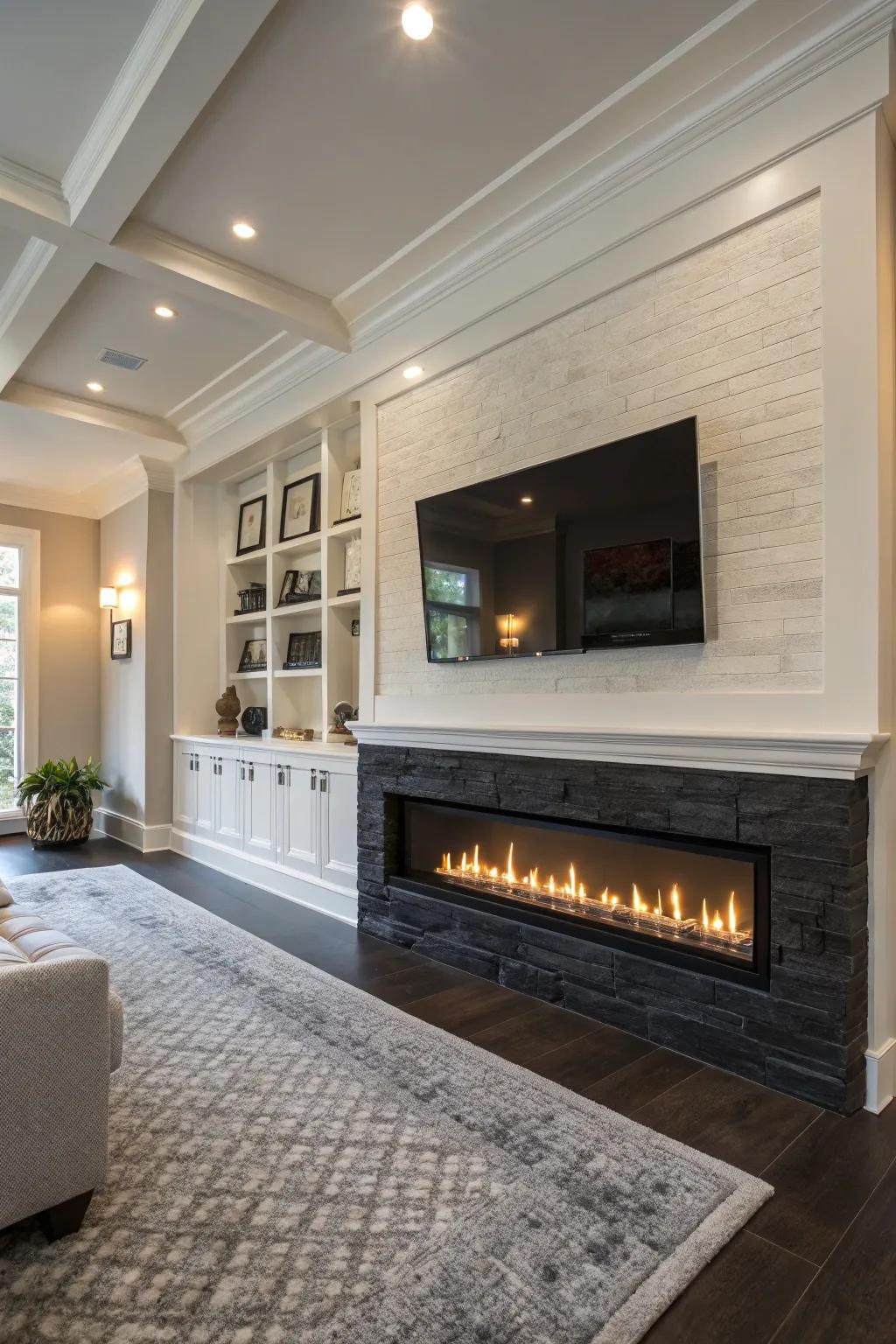 Design a comfortable media hub with a TV over your fireplace.