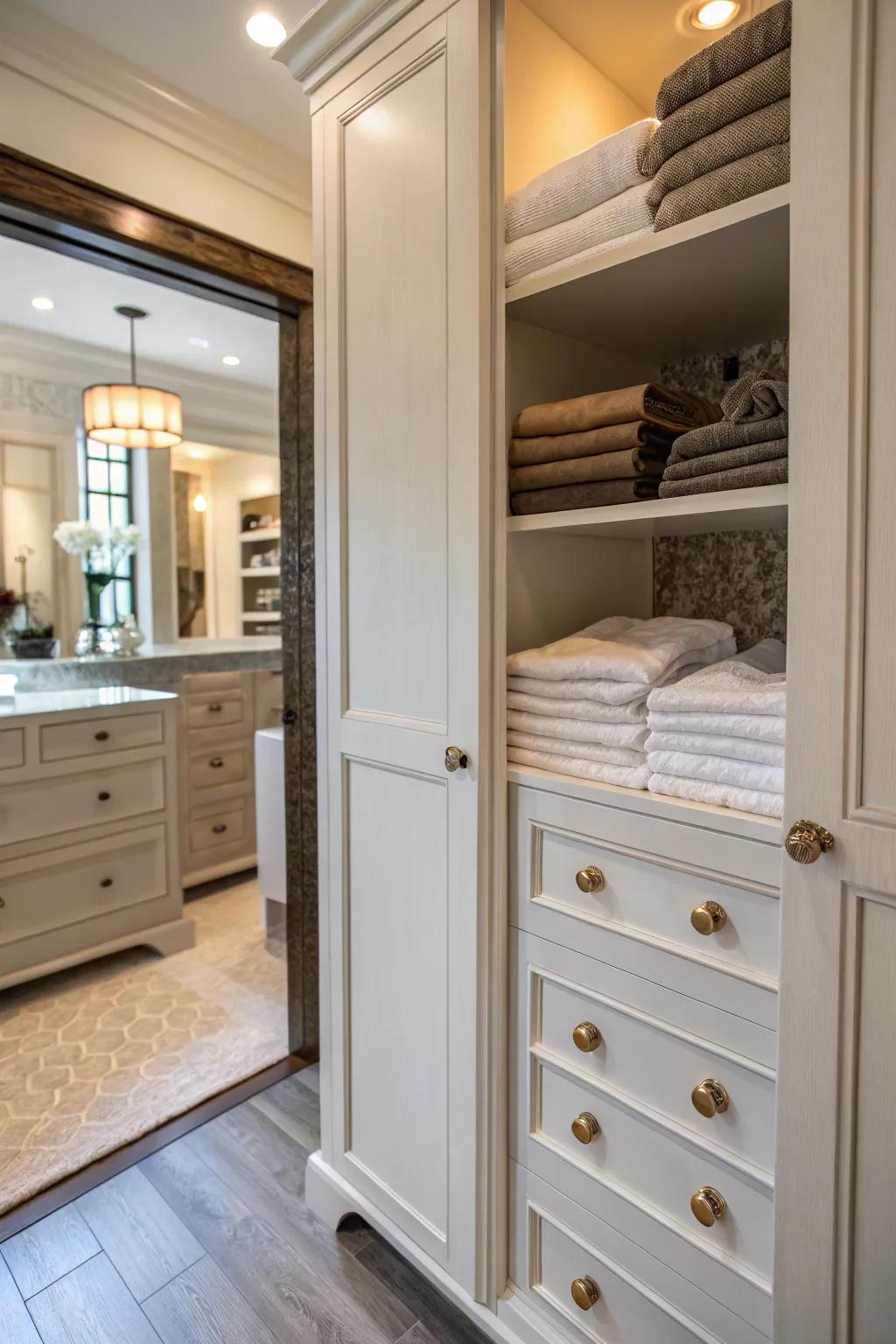 Ornamental buttons and handles adding personalized flair to a linen storage.
