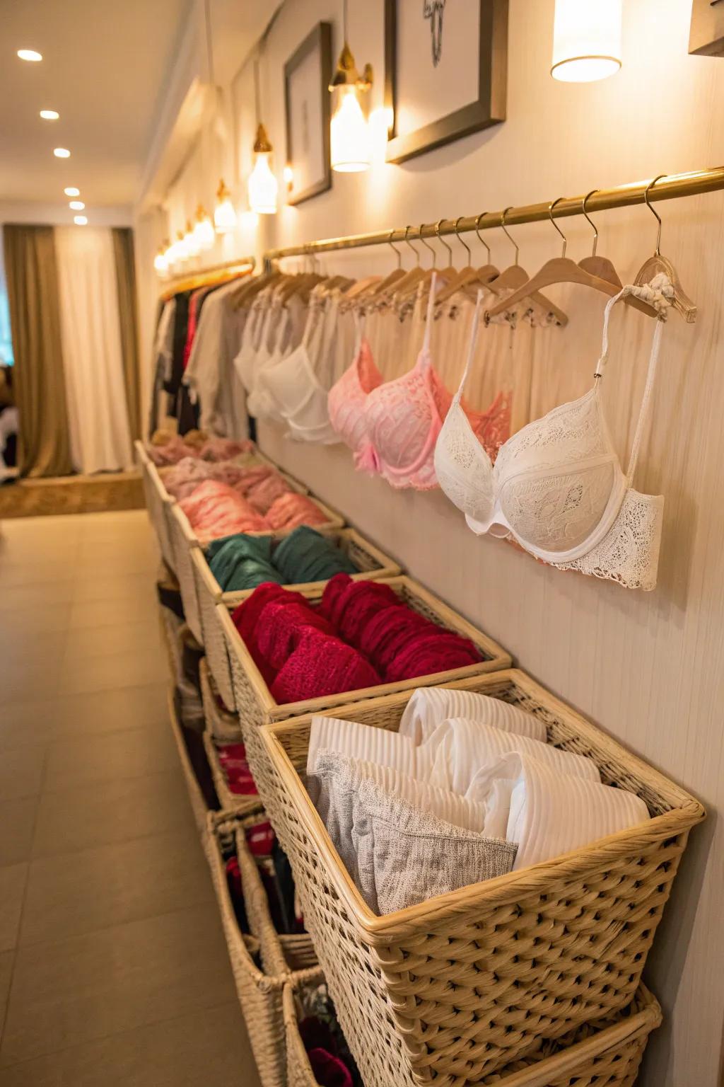 Wall-mounted baskets offer stylish and practical storage solutions.