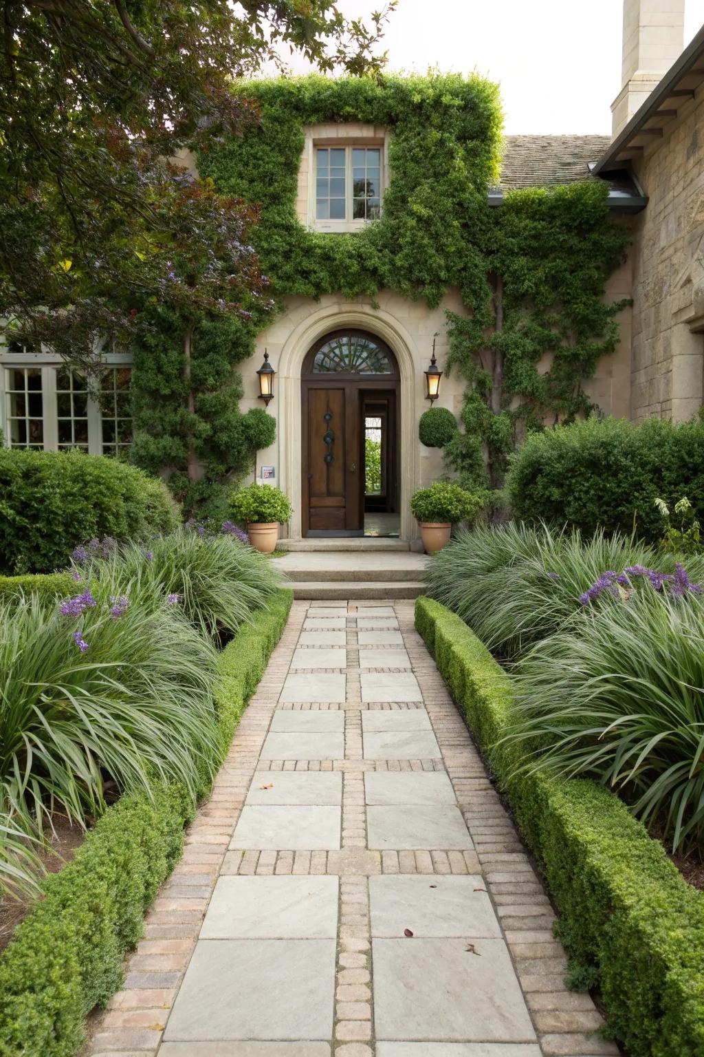 A home entrance beautifully bordered with Whispering Grass, warmly inviting guests with its charm.