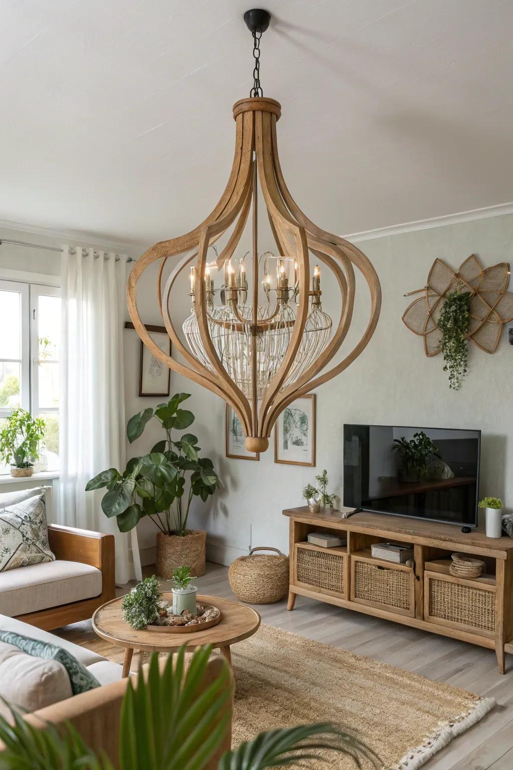 A living room with a chandelier featuring natural forms and organic influences.