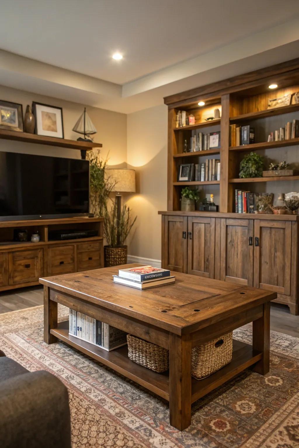 Timber complements add warmth and contrast to your parlor.