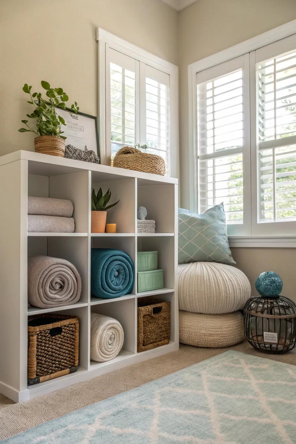 A zen meditation corner using cube storage for a tranquil atmosphere.