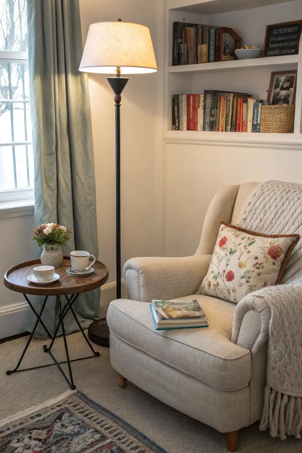A cozy corner in a living room lit up by a floor lamp.