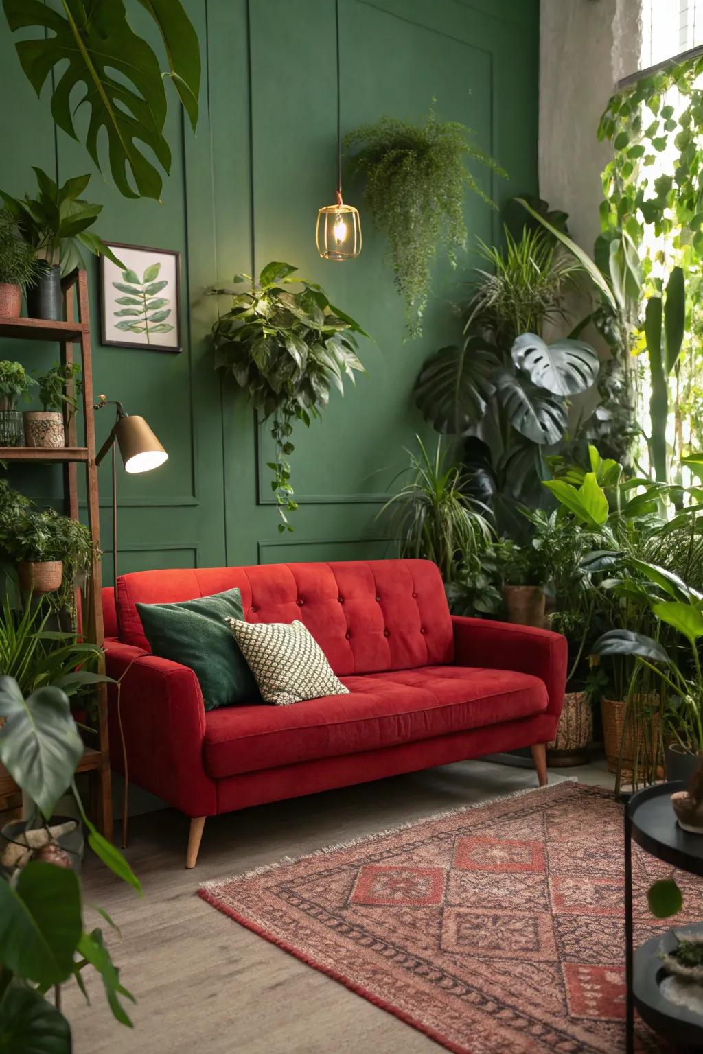 A fresh and lively touch is brought to a room by flora, enhancing the vibrant scarlet sofa.