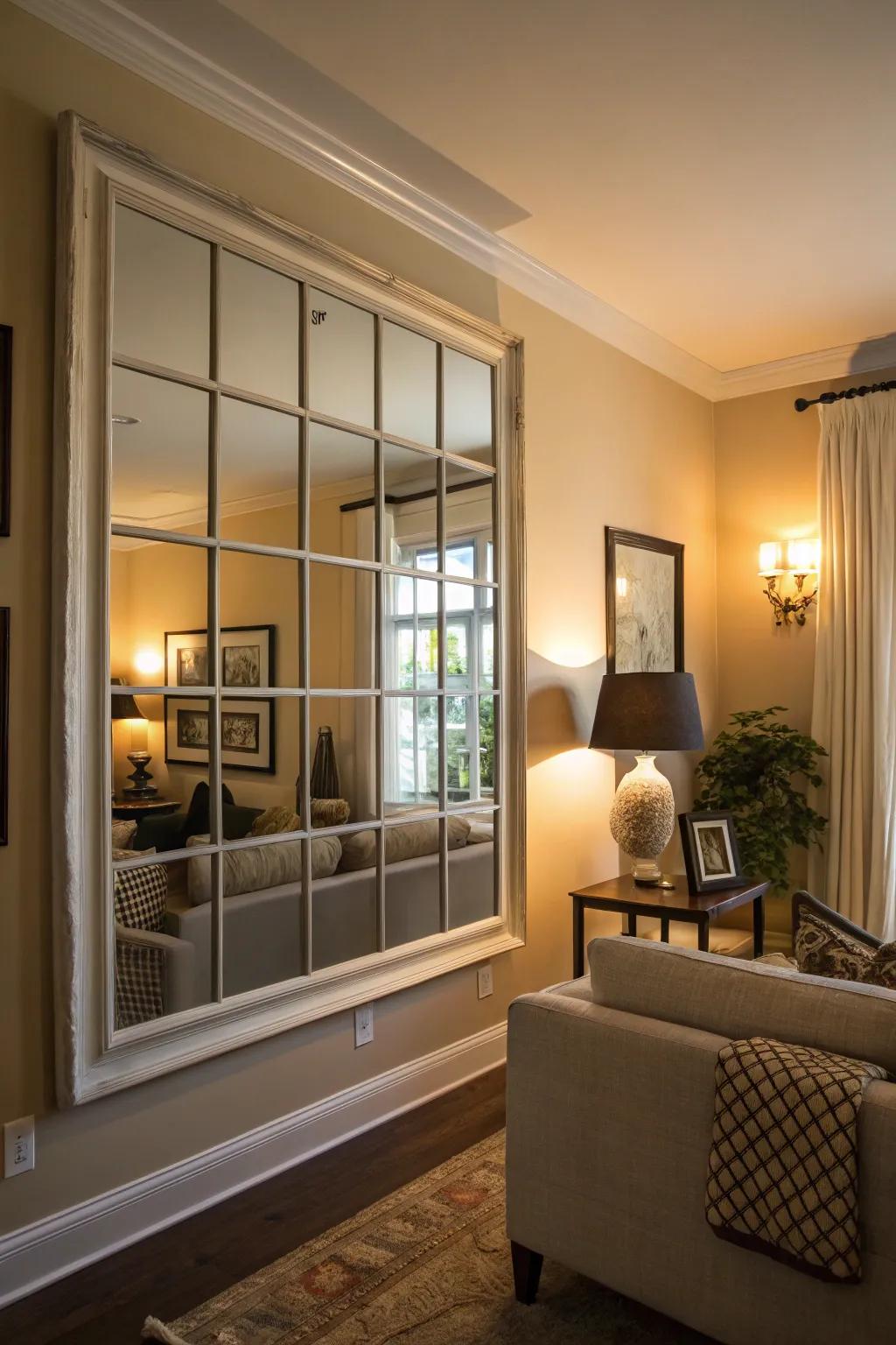 Window-style mirrors add light and visual space.