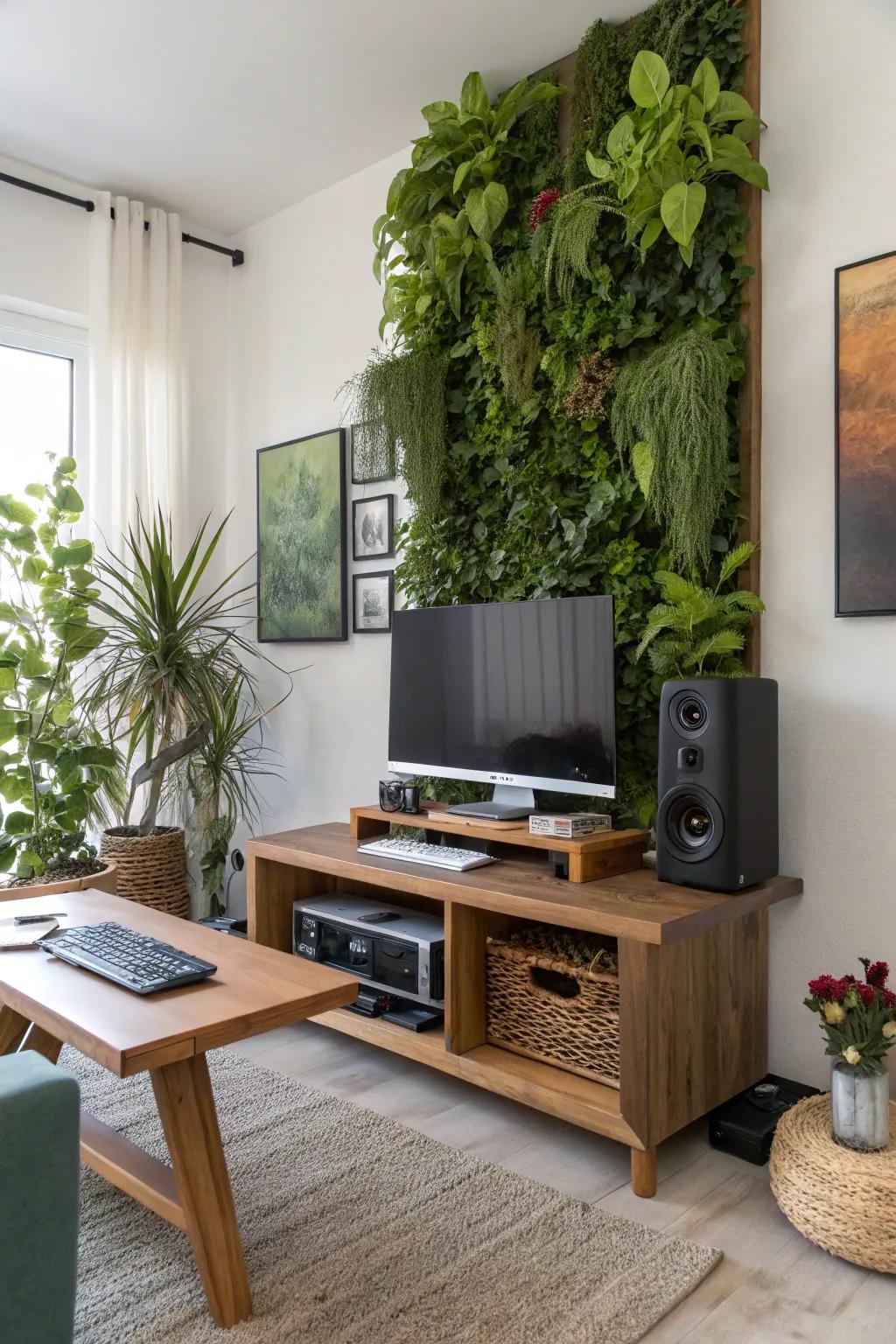 A vertical garden adds life and color to your setup.