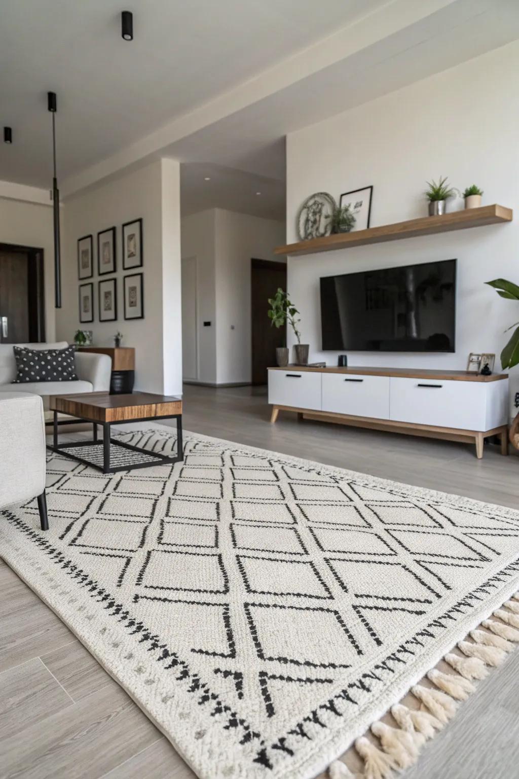 Monochromatic rugs bring a quiet elegance to streamlined living rooms.