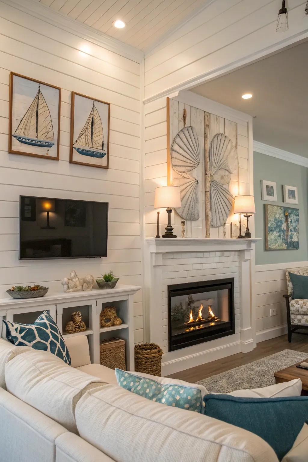 Clapboard boards create a serene, coastal vibe.