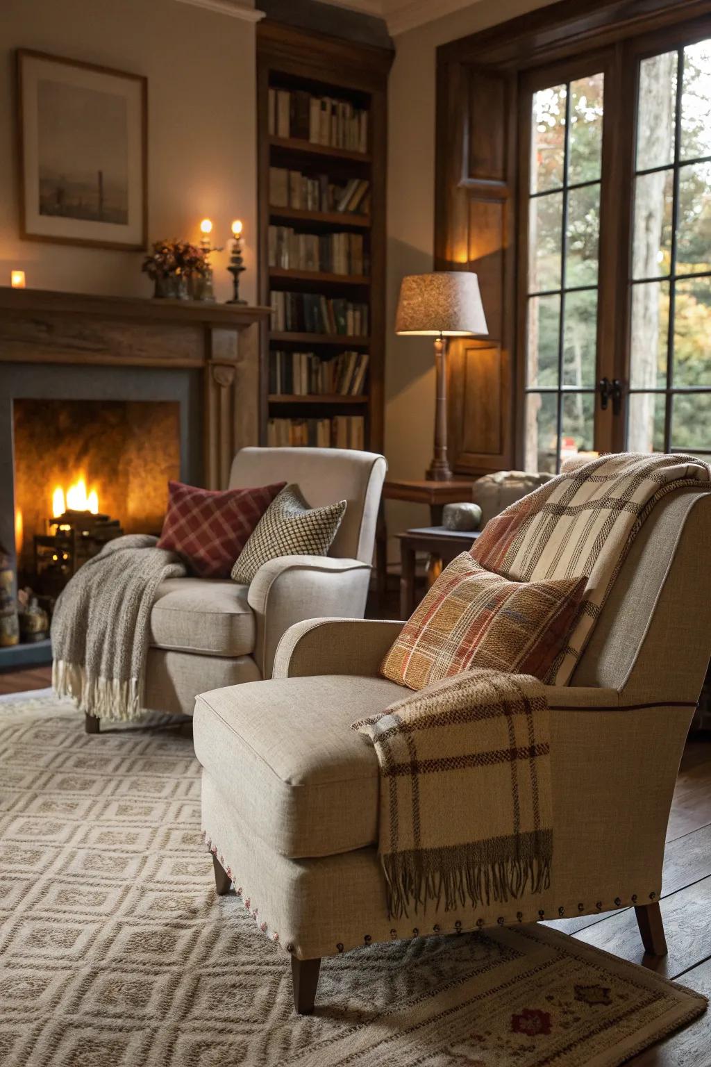 Layered textiles foster depth and a welcoming environment.