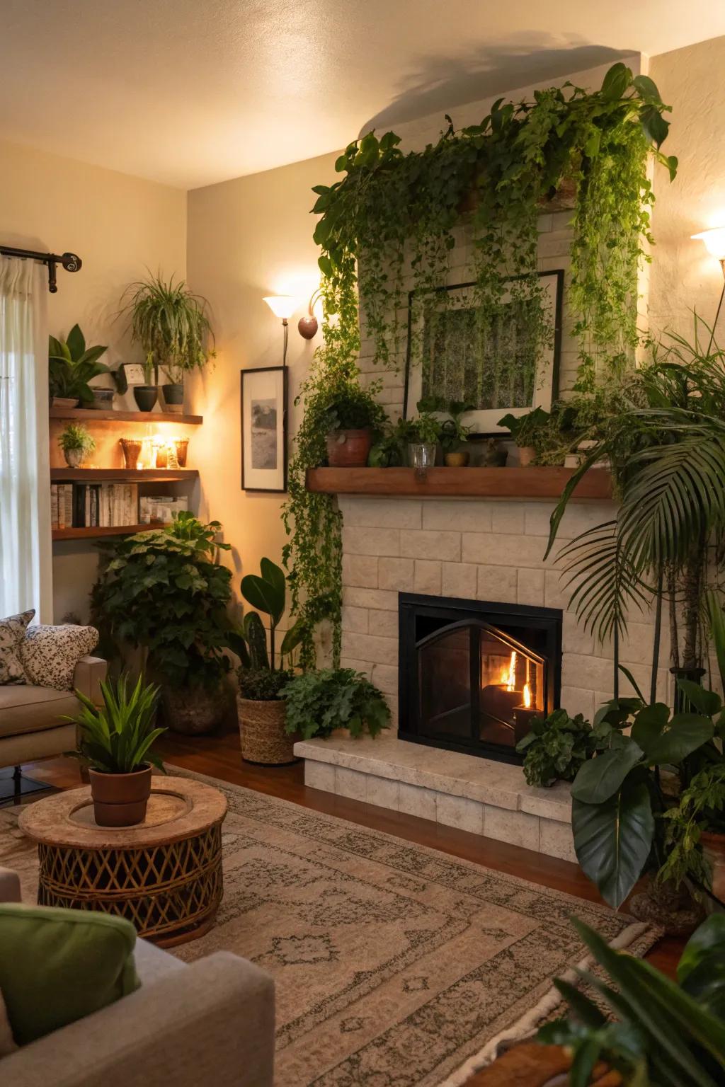 A living room featuring lush plants arranged around the fireplace for added freshness.